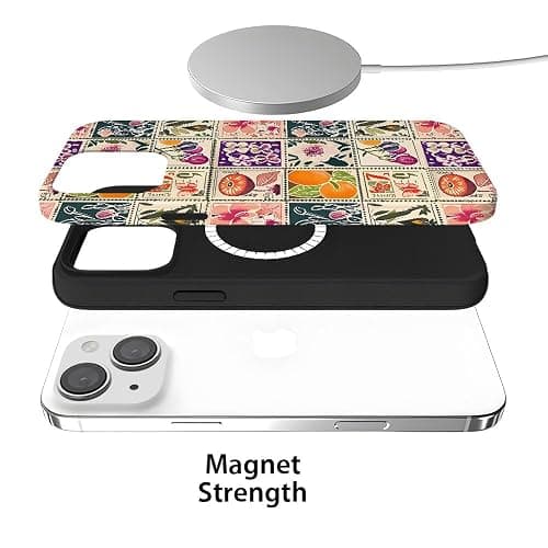 TnXee Case Compatible with iPhone 15,Compatible with MagSafe,Fall Prevention Hybrid 2-Layer Hard Shell Cases for Girls Boys,Vintage Flower Orange Stamp Collage thumbnail 3