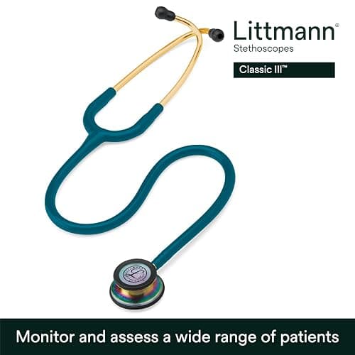 3M Littmann Classic III Monitoring Stethoscope, 5807, More Than 2X as Loud, Weighs Less, Stainless Steel Rainbow-Finish Chestpiece, 27" Caribbean Blue Tube, Brass Stem and Headset thumbnail 2