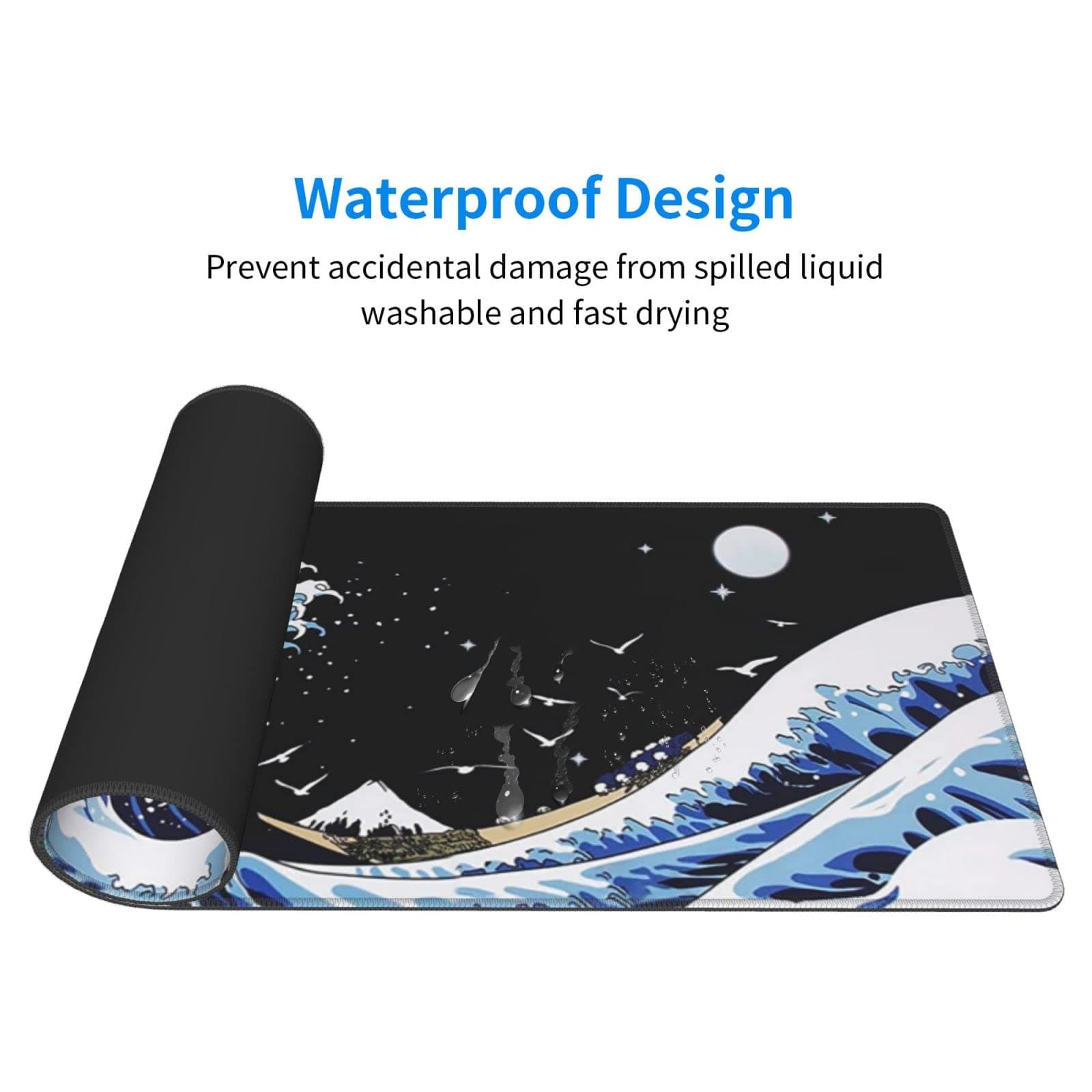Japanese Blue and Black Sea Wave Mouse Pad - Abstract Blue Desk Mat, 31.5x11.8 Inch, Non-Slip Rubber Base, Stitched Edges - Keyboard Mouse Mat for Office, Home, Game thumbnail 5