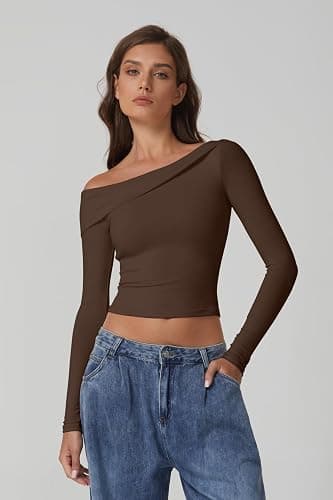 QINSEN Women Long Sleeve Off Shoulder Tops Trendy Double Lined Going Out Shirt for Fall thumbnail 2