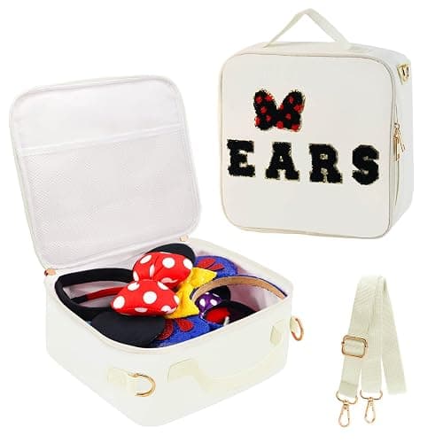 Chenille Letter Bow Mouse Ears Travel Case, Park Ears Headband Holder Hair Accessories Organizer Bag for Girls Women Kids Adults, Large Makeup Bag Snack Bags with Zipper for Travel Picnic - White - Image 1