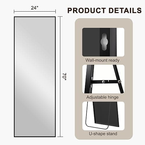 FICTOR Full Length Mirror with Stand, Floor Standing Mirror Full Body, HD Shatterproof Black Frame Wall Mirror for Bedroom, Living Room, Dressing Room & Entryway, 70"x24" thumbnail 2