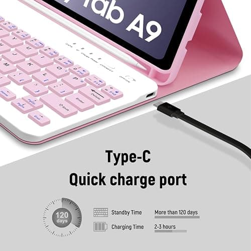 Hofsos Keyboard Case for Samsung Galaxy Tab A9 8.7 Inch 2023 SM-X110/X115/X117 - Slim A9 Tablet Cover with Detachable Bluetooth Wireless Keyboard, S Pen Holder for Samsung Galaxy Tab A9, Pink thumbnail 6