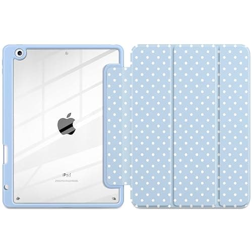 Yebiseven for iPad 9th 8th 7th Generation 10.2 Inch 2021 2020 2019 Case -[Built-in Pencil Holder], Shockproof Clear Hard Back, Slim Trifold Stand, Auto Wake/Sleep, for Girls teen Women, Blue white dot thumbnail 2