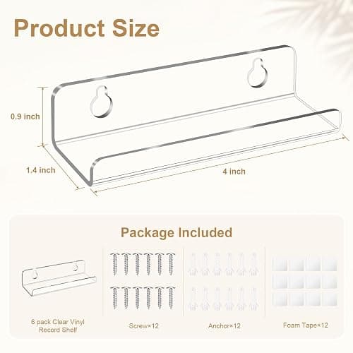 6 Pack Clear Vinyl Record Shelf Wall Mount, 4 Inch Acrylic Vinyl Holder | Floating CD Shelf and Display Rack for Home Office Wall Decor, with Two Mounting Options for Easy Installation thumbnail 3