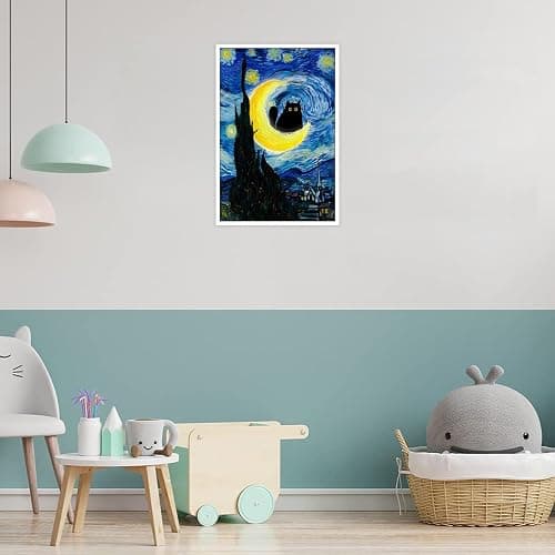 Funny Starry Night Cat Poster Cute Abstract Animal Canvas Wall Art Black Cat On The Moon Whimsical Aesthetic Prints Painting For Living Room Bedroom Gallery Wall Decor 12x16in Unframed thumbnail 4