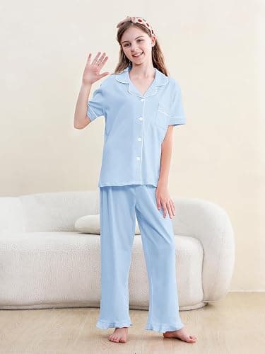 QZH.DUAO 3 Piece Girls Pajama Sets 100% Cotton Ruffle Long Pants with Shorts Sleepwear 3pcs Button Down PJs 5-14 Years thumbnail 5