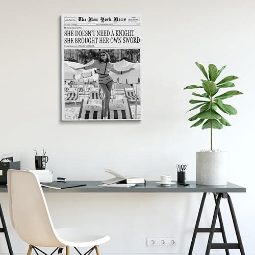 Funky New York Newspaper Wall Art She Doesn't Need a Knight; She Brought Her Own Sword Vintage Black and White Feminist Newspaper Posters Preppy Dorm Office Wall Decor 24x36in Large Frame wall art thumbnail 5