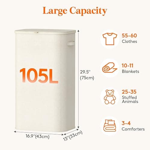 Lifewit 105L Large Laundry Basket with Lid, Laundry Hamper with Plastic Handles and Removable Bag, Foldable Tall Dirty Clothes Hampers for Laundry for Laundry Room, Bedroom, Bathroom, Dorm, White thumbnail 2