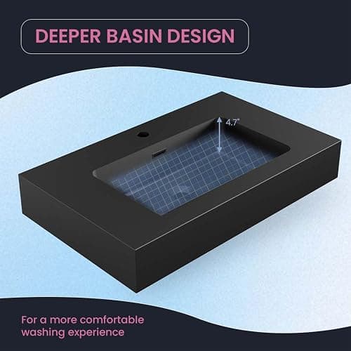 30 Inch Matte Black Vanity Sink – Solid Surface Bathroom Vanity Top with Integrated Sink, Easy-to-Clean Non-Porous Finish for Powder Room or Guest Bath thumbnail 6