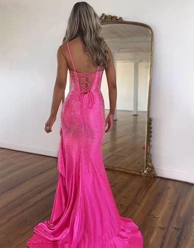Wchecalino Sparkly Beaded Satin Mermaid Prom Dresses Long 2026 Spaghetti Straps Corset Ruffles Evening Gown with Slit thumbnail 2