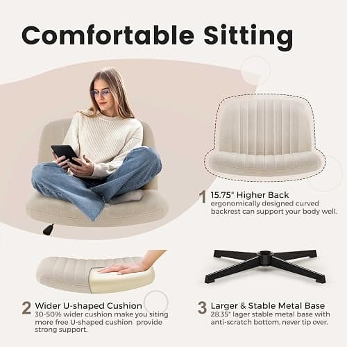 IWMH Armless Office Chair Desk Chair No Wheels,Ergonomic Criss Cross Legged Office Chairs with Fabric Padded,Height Adjustable Wide Seat Vanity Chairs for Home Office (Beige) thumbnail 5