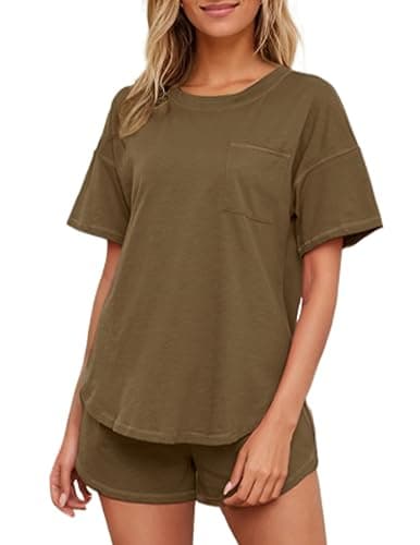 KCW Pajamas for Women Set 2 Piece 100% Cotton Lounge Sets Short Sleeve Top and Shorts Pj Set Sleepwear Outfits - Size Large thumbnail 2