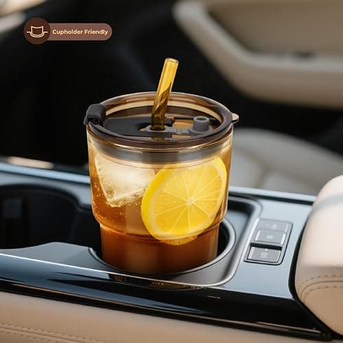 13 oz Glass Iced Coffee Cups with Lid and Straw, Leak Proof Glass Tumbler for Ice Tea, Water, Non-Slip Silicone Bottom, Thick Wall Drinking Glasses for Home/Office, BPA Free, Amber 2 Pack thumbnail 9