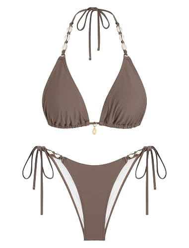 ZAFUL Women's Triangle String Bikini Set Slexy Tie Side Two Piece Swimsuit Seashell Halter Bathing Suit Cute Swimwear thumbnail 6