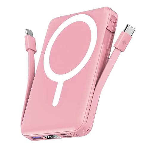 podoru for Magsafe Battery Pack, 10000mAh Magnetic Power Bank Built-in Double USB C Cables 20W PD Fast Charging LED Display Wireless Portable Charger for iPhone 17/16/15/14/13/12 Series-Pink - Image 1