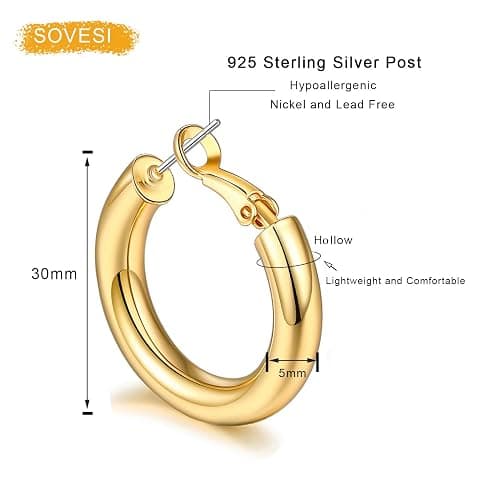 sovesi Chunky Gold Hoop Earrings for Women with 925 Sterling Silver Post, 14K Gold Plated Small Thick Gold Hoops Earrings for Women thumbnail 7