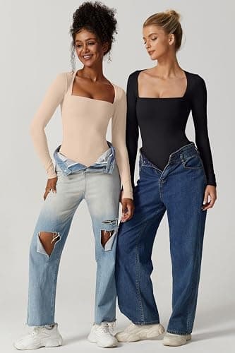 QINSEN Women's Sexy Square Neck Bodysuit Long Sleeve Double Lined Shirt Tops thumbnail 4