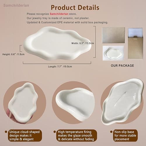 Ceramic Jewelry Dish for Women, Jewelry Tray Trinket Dish, Irregular Cloud Shape Ceramic Plate, Watch Keys Tray Ring Dish Holder for Mother's Day/Christmas/Thanksgiving/Birthday Gift(White) thumbnail 3