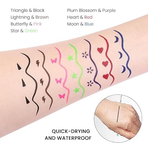 evpct 7Pcs Colored liquid Eye Liners Face Stamp Cosplay Gothic Makeup Set Kit for Beginners, Black Brown Purple Blue Red Pink Green Star Flowers Heart Moon Triangle Lightning Butterfly Stamps Eyeliner thumbnail 5