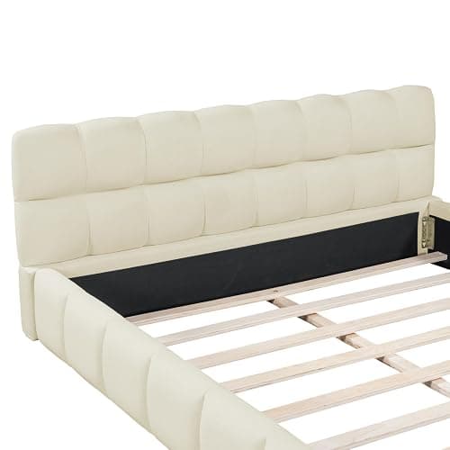 BRILVERDE Lit Double 140x190 cm, avec sommier à Lattes et Dossier, lit Double rembourré, avec Bordure rembourrée, Cadre de lit pour Adolescent, Lin, Beige, sans Matelas thumbnail 7