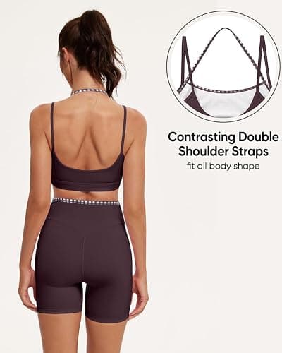 OMKAGI Workout Sets for Women Cute Doubel Layer Sports Bra Top Gym Outfits | Sexy Open Back Workout Tops Matching Gym Sets, Cute 2 Piece Workout Sets, soft Elastane, High Impact Biker Shorts Gym Outfit thumbnail 5