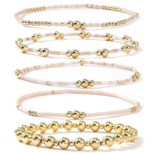 SHINUS BOHO 14K Gold Plated Pearl Beaded Cross Bracelets Stack Set for Women,Stretch Boho Colorful Christian Beads Ball Jewelry Friendship Summer Trendy Gift - Image 1
