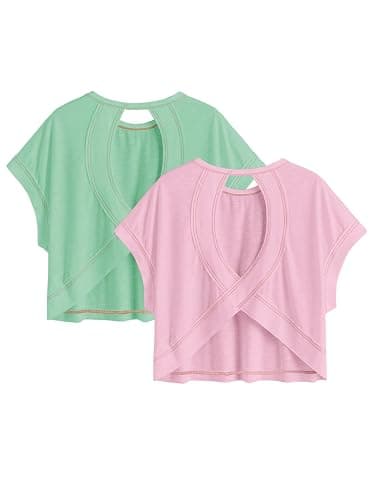 RoseSeek Women's 2 Packs Open Back Tops Crewneck Short Sleeve Backless Tee | Cut Out, Criss Cross, Summer Casual T Shirt - Image 1