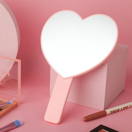 Dimeho Heart-Shaped Travel Handheld Mirror, Heart-Shaped Makeup Hand Mirror with Handle, Portable Cosmetic Mirror for Women (Pink) thumbnail 6