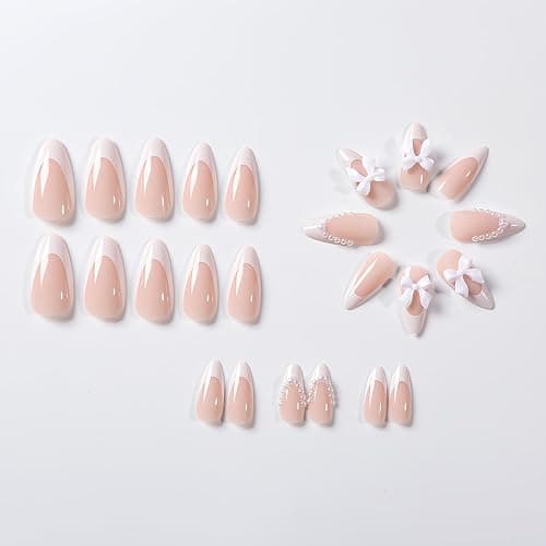 24Pcs White French Tip Almond Medium Fake Nails with Cute Bow Charms Design Nude Pink Acrylic Nails White Pearls Bow Full Cover Glue on Nails Glossy Stick on Nails Heart Artificial Nails for Women thumbnail 4