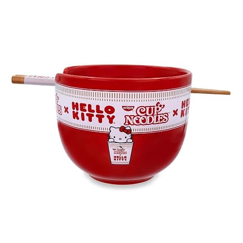 Silver Buffalo Sanrio Hello Kitty x Nissin Cup Noodles Red Ceramic Dinnerware Set | Includes Ramen Noodle Bowl and Wooden Chopsticks - Image 1