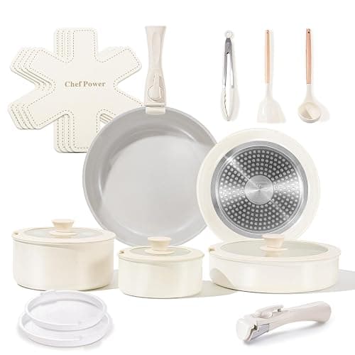 Chef Power Ceramic Nonstick Pots and Pans Set 19 Piece with Detachable Handle, Induction Dishwasher Oven Safe Cookware Set, RV Kitchen Set Removable Handle, Granite Grey and White - Image 1