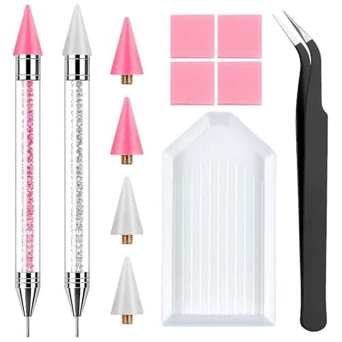 2 Pack Rhinestone Picker Tool Dotting Pen with 4 Wax Tips and Tray, Wax Pencil for Rhinestones, Gem Picker Pen Diamond Jewel Applicator, Rhinestone Tools Kit for Bedazzling DIY Nail Art - Image 1