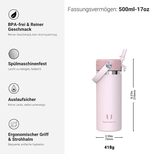 Sparrow Trinkflasche Edelstahl 500ml - Weiter Öffnung SwivelSip Thermosflasche mit Strohhalm - BPA-frei, Auslaufsicher Trinkflaschen - Thermoskanne für Kinder, Sport, Reisen, Outdoor thumbnail 3