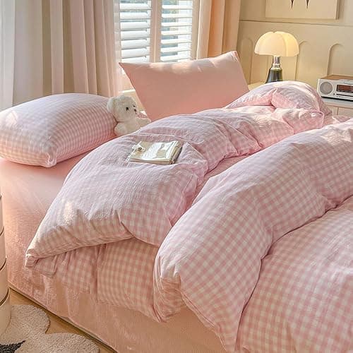 Nayoroom Gingham Duvet Cover Queen Size Pink White Plaid Checkered Comforter Cover Grid Farmhouse Bedding Set 3 Pcs Soft Breathable Washed Microfiber Gifts for Women Men thumbnail 2