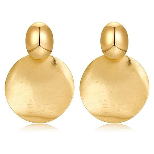 FAMARINE Big Disc Drop Earrings Gold Dangle Earrings Round Hammered Earrings Women - Image 1