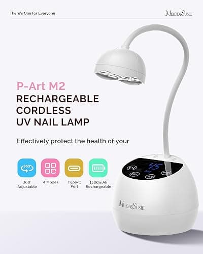 MelodySusie Gooseneck Cordless UV Nail Lamp with Adjustable Light Angle, P-ArtM2 Rechargeable Fast Curing Nail Dryer with 4 Timers Cures All Gels, Especially Rhinestone Glue, Cat Eye & Nail Tip thumbnail 3
