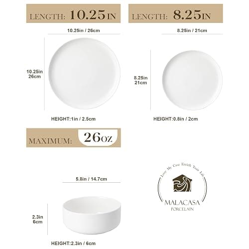 MALACASA Plates and Bowls Sets, 12 Pieces Porcelain Dinnerware Sets Dishware Sets Chip Resistant Ceramic Dish Set Dining Dinner Ware Service for 4, White, Series LUNA thumbnail 3