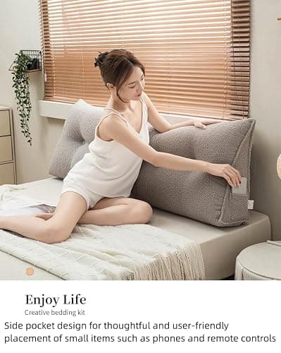 UNWAAT Bolster Headboard Pillow,Teddy Velvet Reading Pillow Detachable Cleaning Large Bolster Triangular Headboard Cushion Soft and Fluffy Daybed Pillows (Brown, Twin) thumbnail 7