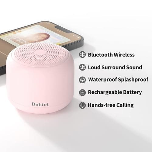 Bobtot Portable Bluetooth Speakers with Strap Easy to Carry, Wireless IPX5 Waterproof Mini Speaker with Loud Stereo Sound, 20 Hours Playtime, Rechargeable Battery, Built-in Microphone, Pink thumbnail 3
