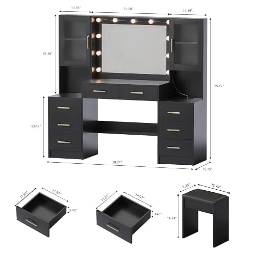 UGTOO Makeup Vanity Desk with Mirror and Lights, 58.3" Makeup Vanity with Lights & Charging Station, Dressing Table Vanity Set White Vanity Table with Cushioned Stool, 8 Drawers & 2 Cabinets Black thumbnail 2