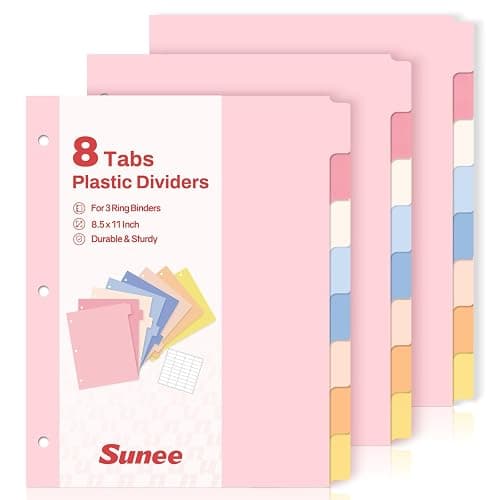 SUNEE 8 Tab Binder Dividers,Plastic Dividers for 3 Ring Binder,3 Ring Binder Dividers with Tabs for School Office Home Supplies,Pastel Color, 3 Set - Image 1