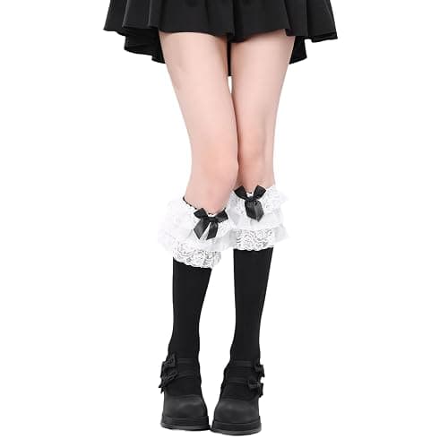 woosnscly Womens Lace Ruffle Knee High Socks Cute Bow Lolita Knee Highs Stockings Halloween Party Costume Long Socks, Cotton - Image 1