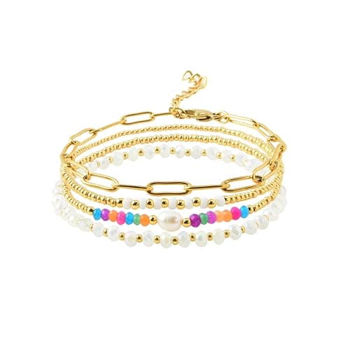 Pymach Dainty Gold Plated Pearl Crystal Beaded Bracelets Set for Women 14K Gold Plated Bead Pearl Beads Bracelet Stackable Paperclip Link Chain Bracelets Gold Plated Bracelets for Women Trendy Jewelry - Image 1