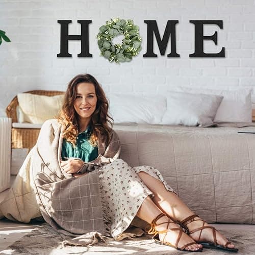 Wood Home Sign with Artificial Eucalyptus Wreath for O, Hanging Farmhouse Wall House Decor Wood Letters for Wall Art Rustic Home Decor, Wall Decor for Living Room Kitchen Entryway (Black) - Black - 9.8L" x 9.3W" thumbnail 4