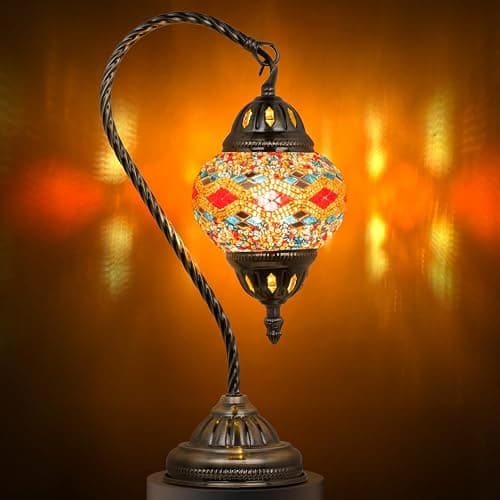 Marrakech Stained Glass Lamp Turkish Table Lamp with Tiffany Style, Handmade Moroccan Mosaic Lamps Vintage with Swan Neck Bronze Base Including LED Bulb for Living Room Bedroom Decor (Colorful3) - Image 1