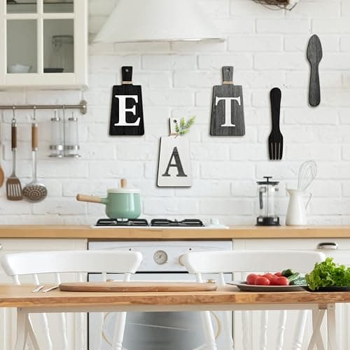Jetec Cutting Board Eat Sign Set Hanging Art Kitchen Eat Sign Fork and Spoon Wall Decor Rustic Primitive Country Farmhouse Kitchen Decor for Home Decoration(Black, White, Gray) thumbnail 6