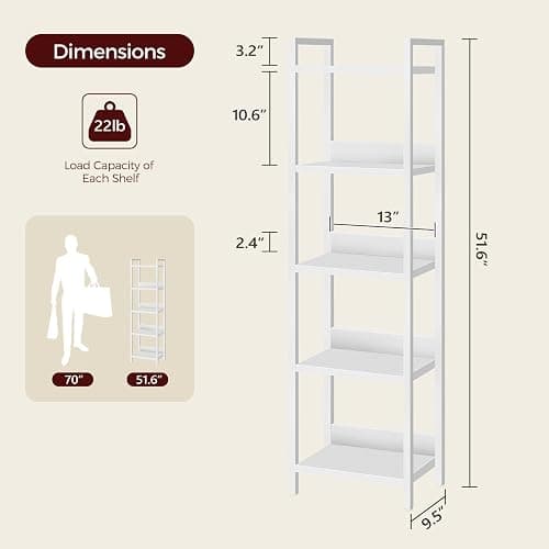 MAHANCRIS Bookshelf, 5-Tier Bookcase, Standing Book Shelf for Small Space, Storage Shelf Organizer, for Living Room, Bedroom, Study, Balcony, White BKBW5501 thumbnail 3