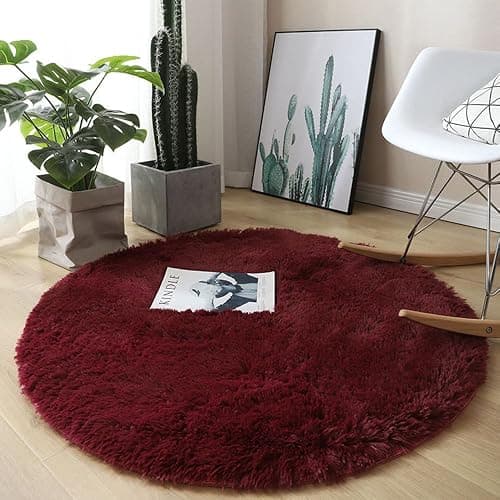 ENEN Fluffy Shaggy Area Rugs Living Room Rugs for Bedroom Winter Area Rugs Floor Carpets Mat Anti Slip Circle Rug for Kids Room, Home Decor (Burgundy,160CM) - Image 1