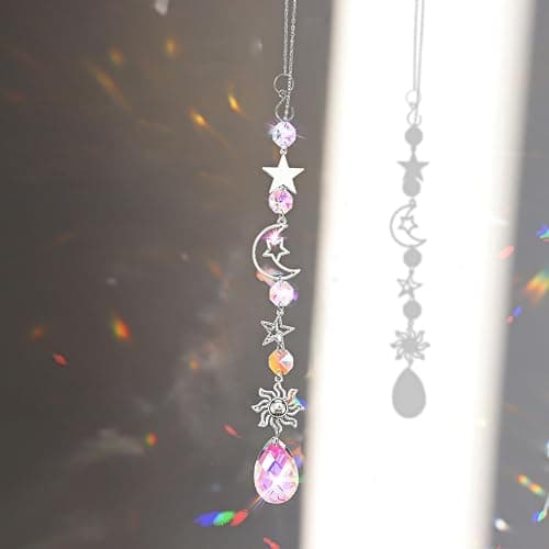 AOZUO Moon and Star Rear View Mirror Charm, Crystal Boho Car Hanging Decor Cute Suncatcher Healing Car Ornaments for Women Men thumbnail 2